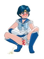 ami_mizuno bishoujo_senshi_sailor_moon blue_eyes blue_hair blush censored clothing no_background panties peeing pissing pubic_hair sailor_mercury skirt tsu_kiyono