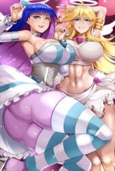 2girls ass bangs big_breasts blonde_female blonde_hair blue_eyes blue_hair blunt_bangs female female_only green_eyes halo licking_lips long_hair looking_at_viewer nox_(artist) noxcuro panty_&_stocking_with_garterbelt panty_anarchy pink_hair smiling smiling_at_viewer stocking_anarchy teeth_showing thick_thighs two_tone_hair