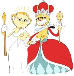 bean_smile chess_piece cuphead:_the_delicious_last_course cuphead_(game) exposed_breasts female_only goddess looking_at_viewer looking_down looking_down_at_viewer ms._chalice queen scepter the_queen_(cuphead) timoteihiv