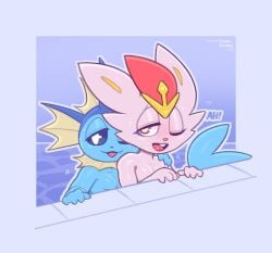 2boys anthro cinderace eeveelution frumples gay implied_sex male/male male_cinderace male_only male_penetrating_male male_vaporeon nintendo onomatopoeia pokémon_(species) pokemon pool sex_in_water stealth_sex vaporeon water