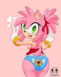 1girls amy_rose ass back_view breasts breasts_out butt green_eyes hearts hearts_around_head looking_at_viewer looking_back pandaman90 panties peace_sign pink_fur pink_hair ponytail revealing_clothes sega simple_background small_breasts smiling solo solo_female sonic_(series) sonic_the_hedgehog_(series) tail