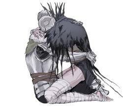 2boys armor ashen_one bandages bottomless cornyx_of_the_great_swamp dark_souls dark_souls_3 embrace fromsoftware gay helmet hug kneeling knight male male_only sitting wholesome yaoi