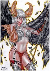 angel_wings angelus big_breasts ed_benes_studio garter_straps gloves green_eyes horn latex_thighhighs long_hair rudimar_patrocinio scepter thong top_cat_(series) white_eyes white_hair winged_armor