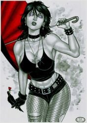 big_breasts black_hair black_lipstick black_shirt dc_comics death_of_the_endless ed_benes_studio endless graveyard holding_umbrella jeans lips no_bra no_bra_under_clothes psychopomp rudimar_patrocinio seductive_eyes seductive_look short_hair