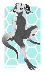 absurd_res ambiguous_gender anthro black_sclera blue_eyes claws dark_body fangs hi_res horn human_penetrating kobold lizard looking_at_viewer nude reptile scalie signature simple_background slit solo w4g4 white_body