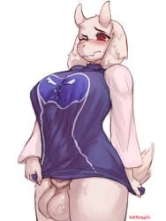 1futa 2022 anthro autopaizuri balls blush bottomless bovid caprine casual_autopaizuri clothed clothing digital_media_(artwork) equine_penis erection_under_clothes erection_under_dress eyebrows fingers futa_only futanari genitals gynomorph hi_res horn horsecock intersex mammal one_eye_closed pencil_dress red_eyes rule_63 seraziel short_dress simple_background solo toriel undertale undertale_(series) white_background