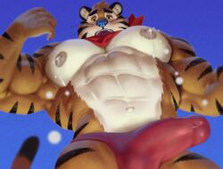 abs anthro bodily_fluids bulge felid frosted_flakes genitals kellogg's lactating looking_at_viewer male male_focus male_lactation male_only male_solo mammal mascot muscular muscular_anthro muscular_male nipples pantherine pecs penis raccoon21 solo solo_male tiger tony_the_tiger