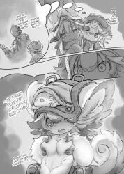 1girls anthro areolae bondrewd breast_grab breast_hold breast_squish cleavage english_text female female_focus fluffy fluffy_ears fluffy_tail fur grabbing_own_breast headgear headwear helmet imagining looking_at_viewer made_in_abyss medium_breasts meinya monochrome monster_girl nanachi narehate nipple_poke official_art prushka self_fondle solo solo_focus topless topless_female tsukushi_akihito upper_body