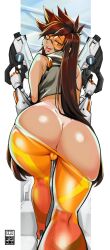 1girls ass bayeuxman big_ass big_butt brown_hair eye_contact female female_focus half-closed_eyes long_hair looking_at_viewer looking_back no_panties no_underwear orange-tinted_eyewear overwatch pants pants_down solo solo_female solo_focus tan tan_skin tanline thick_thighs thighs tinted_eyewear tongue_out tracer visor visor_(eyewear)