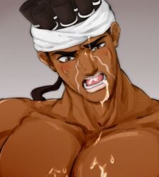 1boy brown_eyes brown_hair cum cum_on_chest cum_on_face dark-skinned_male gay jojo's_bizarre_adventure male male_only mohammed_avdol natto_(artist) stardust_crusaders