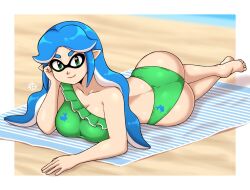 1girls ass beach_towel blue_hair breasts digital_drawing_(artwork) digital_media_(artwork) female female_focus female_only green_eyes inkling_girl looking_at_viewer nintendo original original_character pose ravagaard sand solo splatoon splatoon_2 tagme