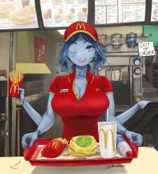 1girls big_breasts big_mac blue_body burger cashier cleavage dismaiden elden_ring fast_food fast_food_uniform female female_only french_fries fries fromsoftware mcdonald's offering_food ranni_the_witch smile smiling_at_viewer soda wagie waitress wholesome