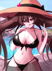 1girls :o absurd_res alternate_breast_size beach bra breasts brick_floor brown_hair female female_focus female_only flower-shaped_pupils genshin_impact hat hu_tao_(genshin_impact) jaxartdump large_breasts large_hat leaves long_hair navel outdoors outside panties pink_eyes pointing ponytail solo summer swimsuit tagme water