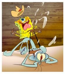 2boys ass blush cowboy_shot cum cum_on_chest ejaculation gay gripping_sheets happy_sex horse riding semen spongebob_squarepants spongebob_squarepants_(character) squidward_tentacles yaoi yece