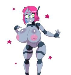 1girls big_breasts doll_joints female female_only green_eyes large_breasts mre_(gattles) nude purple_hair robot robot_girl smile solo solo_female stronknsfw