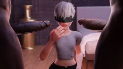 2boys 3d bedroom big_penis blender crossdressing curious dark-skinned_male dark_skin femboy gay interracial nier nier:_automata nier_(series) penis shocked short_hair shy silver_hair sissy smile smiling smiling_at_viewer square_enix tagme tscd_rendering yaoi yorha_9s