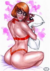 1girls ass big_breasts bra brown_hair canine dat_ass dog ed_benes_studio female female_only glasses holding_pillow lingerie looking_at_viewer looking_back male red_lingerie red_lipstick rudimar_patrocinio scooby-doo scooby-doo_(character) seductive_eyes seductive_look short_hair signature sitting solo solo_female solo_focus text thong velma_dinkley yellow_eyes