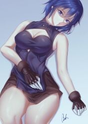 black_gloves blue_eyes blue_hair ciel ciel_(tsukihime) cleavage cleavage_cutout female female_only gloves looking_at_viewer on_back powered_ciel short_dress short_hair sleeveless solo thick_thighs tsukihime tsukihime_(remake) type-moon