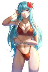 1girls aqua_hair arm_up armlet bikini blue_eyes blue_hair breasts cleavage cowboy_shot delsaber eirika_(fire_emblem) eirika_(summer)_(fire_emblem) female female_only fire_emblem fire_emblem:_the_sacred_stones fire_emblem_heroes flower groin hand_in_own_hair hibiscus highleg highleg_bikini highleg_swimsuit highres large_breasts navel nintendo official_alternate_costume red_bikini red_swimsuit simple_background solo swimsuit wet white_background wholesome