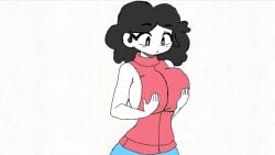 animator bemon black_hair blue_pants female_bemon_(bemon_yt) folaksw holding_breast looking_at_breasts red_coat traced traced_art white_skin youtube youtuber