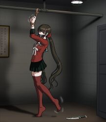 bondage bound bound_wrists brown_eyes brown_hair danganronpa danganronpa_v3 female female_only femsub fully_clothed gag gagged harukawa_maki just_some_guy looking_at_viewer miniskirt rope skirt stockings straight_hair tape tape_gag twintails