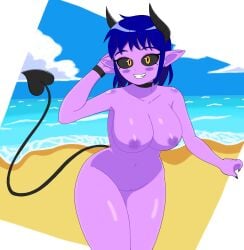 beach black_sclera blue_hair blush choker cora_(stronknsfw) demon demon_girl female_only horns nude original_character purple-skinned_female purple_skin spade_tail stronknsfw