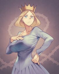 1girls artist_request big_breasts blonde_female blonde_hair blue_eyes crown dress female female_only fully_clothed hand_on_breasts ousama_ranking queen_hilling ranking_of_kings royalty solo tagme_(artist) unknown_artist