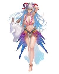 1girls alternate_costume armpits bare_legs biggitybiggitybig bikini blue_hair breasts colored_inner_hair edit female female_only fire_emblem fire_emblem_heroes flower flower_necklace freyja_(fire_emblem) freyja_(summer)_(fire_emblem) goat grey_hair hair_flower horns lactation large_breasts legs long_hair looking_at_viewer multicolored_hair nintendo nipples nude_filter official_alternate_costume pelvic_curtain plushie samuraijam34 solo swimsuit topless transparent_background very_long_hair white_bikini white_swimsuit