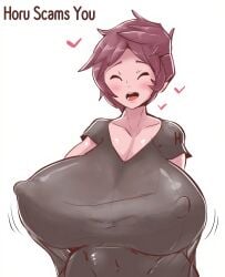 1girls baggy_clothes baggy_clothing baggy_shirt big_breasts big_breasts blush blush braless breasts breasts brown_hair closed_eyes clothed dark_red_hair female female_focus female_only happy heart heart horu huge_breasts jiggle jiggling jiggling_breasts light-skinned_female light_skin low_cut_top maroon_hair nipple_bulge no_bra open_mouth oversized_clothes oversized_shirt red_hair shirt short_hair simple_background smile smiling solo solo_female solo_focus taut_clothes taut_shirt tight_clothes tight_clothing tight_shirt white_background