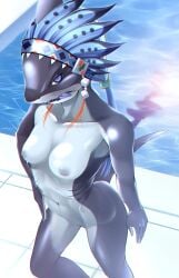 /000_(artist) blue_eyes countershading doubutsu_sentai_zyuohger furry humanoid licking_lips marine_humanoid scalie sela_(doubutsu_sentai_zyuohger) shark_girl solo_female super_sentai swimming_pool tokusatsu two_tone_body zyuoh_shark