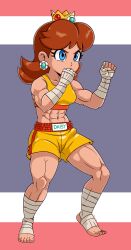 1girls abs bandaged_arm bandaged_leg barefoot blue_eyes brown_hair crown gummidx mario_(series) medium_breasts muscle muscle_tone muscles muscular muscular_female nintendo princess princess_daisy royalty six_pack wrestling_outfit