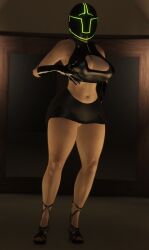 3d bare_shoulders busty cleavage gloves grand_theft_auto grand_theft_auto_online gta_online_female_character helmet high_heels huge_breasts leather_gloves masked_female navel no_panties no_panties_under_skirt peteypelly posing skimpy_clothes skirt thick_thighs upskirt