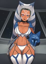 1girls 2d ahsoka_tano alien alien_girl alternate_costume armor armwear barleyshake belly big_breasts bikini blue_eyes breasts choker cleavage clone_wars clothed clothed_female clothing corset curvaceous curvy detailed_background digital_media_(artwork) disney_xd elbow_gloves eyelashes eyeliner eyes face_markings facial_markings female female_only front_view frown garter_straps gloves hand_on_thigh headband headgear helmet hi_res holding holding_headgear holding_helmet holding_object horn horned_headwear horned_helmet indoors inside jedi large_breasts legwear lightsaber lightsaber_hilt lingerie long_hair looking_at_viewer lucasfilm melee_weapon midriff navel neckwear open_eyes orange_body orange_skin panties partially_clothed sad science_fiction shoulder_pads socks solo solo_female space spacecraft standing star_destroyer star_wars star_wars_rebels stars stockings sword tentacle tentacle_hair thick_thighs thigh_gap thigh_strap thighhighs thighs thong togruta two_tone_hair underwear voluptuous weapon white_corset white_thighhighs white_thong wide_hips window