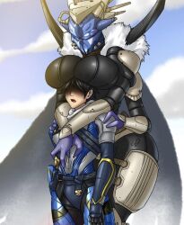 4_arms 4_eyes alien alien_girl big_breasts boobs_on_head bungie cape cleavage cloak destiny_(game) detailed_background eliksni fallen fur guardian_(destiny) hug huge_breasts latex multi_arm multi_eye multi_limb shadowed_eyes taller_girl