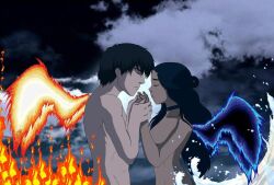 1boy 1girls angel_wings avatar_the_last_airbender closed_eyes dark-skinned_female dark_skin female holding_hands katara light-skinned_male light_skin male male/female night nude small_breasts straight_hair zuko zutara