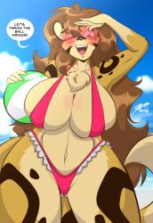 1girls 2022 anthro ball bikini blush breasts brown_hair cleavage feline female female_only furry goggles huge_breasts liona_mcgraw long_hair looking_at_viewer mastergodai ocelot orange_fur rascals smile solo speech_bubble swimsuit text thick_thighs voluptuous wide_hips wink