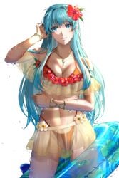 1girls alternate_costume aqua_hair arm_up armlet bikini blue_eyes breasts cleavage cowboy_shot delsaber eirika_(fire_emblem) eirika_(summer)_(fire_emblem) embarrassed female female_only fire_emblem fire_emblem:_the_sacred_stones fire_emblem_heroes flower groin hand_in_own_hair hibiscus highleg highleg_bikini highleg_swimsuit highres large_breasts layered_bikini navel nintendo off-shoulder_bikini off_shoulder official_alternate_costume red_bikini red_swimsuit see-through see-through_skirt simple_background skirt solo swimsuit two-tone_bikini wet white_background wholesome yellow_bikini yellow_swimsuit