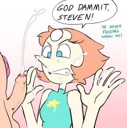 1boy 1girls 2d angry cartoon_network clothed_sex complaining cum cum_on_face cumshot digitalkaiju ejaculation female fully_clothed gem_(species) medium_penis no_penetration oral orange_hair partial_male pearl_(steven_universe) penis profanity steven_quartz_universe steven_universe text unwanted_cumshot unwanted_facial upset