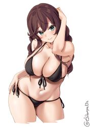 alternate_costume arm_behind_head bangs bikini black_bikini blush braid breasts brown_hair cleavage collarbone cowboy_shot ebifurya female green_eyes hair_between_eyes hand_on_own_thigh highres kantai_collection long_hair looking_at_viewer navel noshiro_(kantai_collection) one-hour_drawing_challenge simple_background smile solo swept_bangs swimsuit twin_braids twitter_username white_background