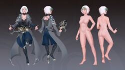 absurd_res book breasts clothed clothed/nude clothing featureless_breasts featureless_crotch female hi_res highlights_(coloring) human magic_user mammal model_sheet no_nipples nude okata solo