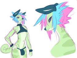 anthro anthro_only armwear blue_hair bottomwear bulge chameleon clothing curled_tail green_body grimbelle_(seel_kaiser) hair hand_on_hip horn jijis-waifus lizard male male_only markings multicolored_hair multiple_images navel pink_hair reptile scalie simple_background solo standing tail topwear white_background