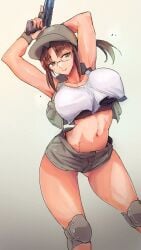 1girls big_breasts bouncing_breasts brown_hair cap fio_germi glasses gun kneepads madsensei metal_slug military_clothing military_girl ponytail shorts smile solo tank_top thick_thighs white_tank_top