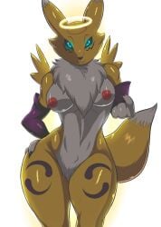 absurd_res anthro areola armwear bandai_namco black_sclera blue_eyes breasts canid canine claws clothing crotch_tuft digimon digimon_(species) digimon_tamers female female_fox finger_claws fox fur gesture glowing glowing_eyes halo hi_res mammal markings neck_tuft nipples nude pink_nipples pointing pointing_at_self purple_markings renamon simple_background solo tuft vixen white_background yellow_body yellow_fur zerrymon