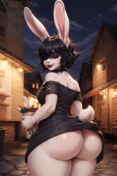 ai_generated anthro black_hair bottom_heavy bottomless bubble_ass bubble_butt choker female_anthro furry goth heavy_makeup large_ass onyx_tyru rabbit rabbit_ears rabbit_girl rear_view small_breasts stable_diffusion voluptuous white_fur wide_hips