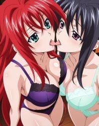 2girls ai_generated akeno_himejima big_breasts bikini females_only girlfriends high_school_dxd indoors lesbian_couple lesbian_kiss looking_at_each_other rias_gremory rias_x_akeno thick_thighs tongues_touching voluptuous_female wife_and_wife yuri yuri yuri