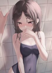 black_swimsuit kaguya-sama_wa_kokurasetai_~tensai-tachi_no_renai_zunousen~ looking_down marinesnow one-piece_swimsuit red_eyes shinomiya_kaguya shy tight_clothing tile_wall wet wet_clothes