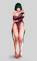 1girls arms_crossed bangs bare_shoulders big_breasts blush bob_cut breasts busty cleavage clothed clothing collarbone covered_breasts covered_navel covered_nipples covered_pussy curvaceous curvy curvy_female curvy_figure dark_green_hair dress embarrassed feet female female_focus female_only fringe front_view fubuki_(one-punch_man) full_body green_eyes green_hair grey_background groin heroine highres hips legs legs_together light-skinned_female light_skin lips lipstick looking_down medium_hair noaqin one-punch_man pussy pussy_peek revealing_clothes ripped_clothing shiny_skin short_hair shy standing thick_thighs thighs tight_clothing toes torn_clothes torn_clothing vagina waist wide_hips