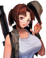 1girls big_breasts brown_eyes brown_hair cap fio_germi girl glasses gun looking_at_viewer madsensei metal_slug military_clothing military_girl military_jacket ponytail salute smile solo tank_top white_tank_top