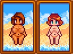 2girls barefoot beach brown_eyes brown_hair cancernia completely_naked completely_nude completely_nude_female dark-skinned_female female female_only full_body ginger ginger_hair green_eyes light-skinned_female maru_(stardew_valley) multiple_girls naked naked_female nude nude_female penny_(stardew_valley) pixel_art stardew_valley