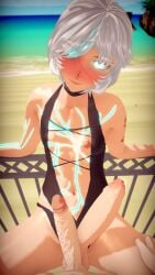 2boys 3d beach blush cyan_eyes femboy first_person_view frottage functionally_nude glowing_eyes koikatsu looking_at_viewer mira_imae smug swimsuit white_hair